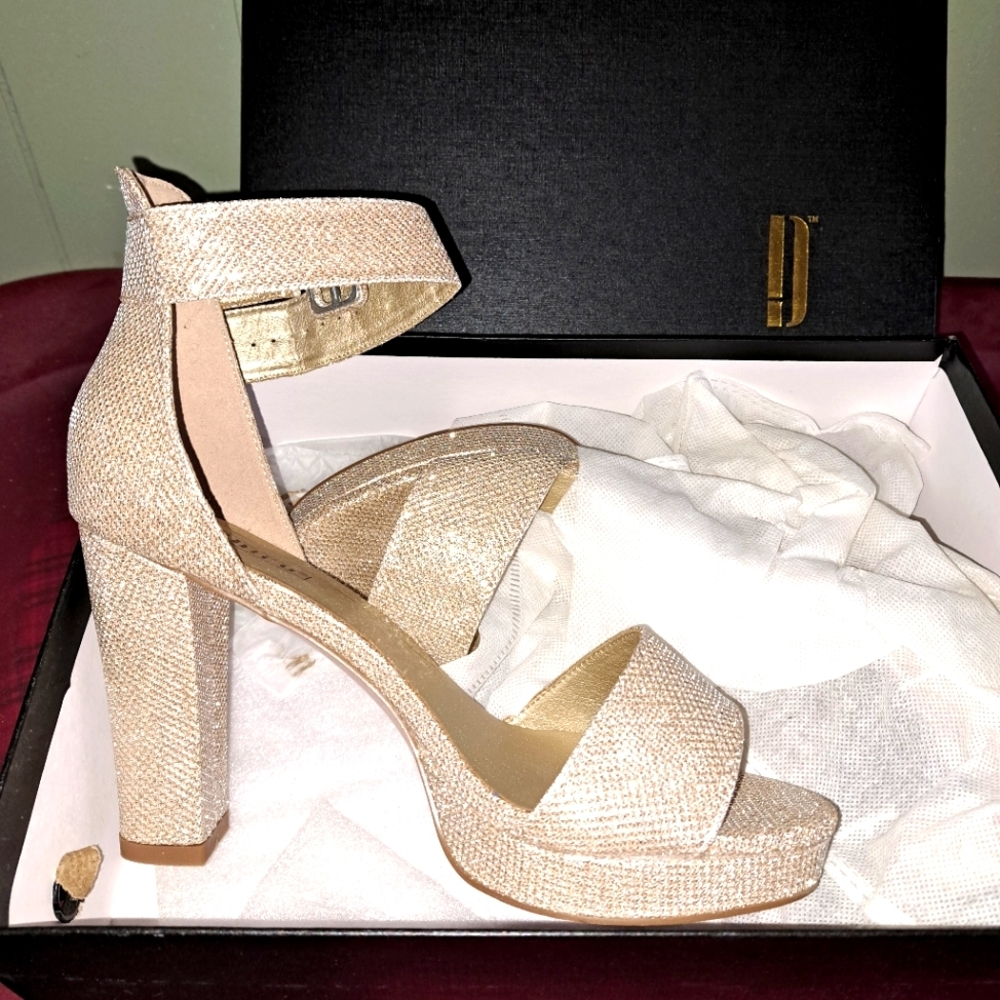 Gold Platform Shoes with Chunky Heel and Ankle Strap
